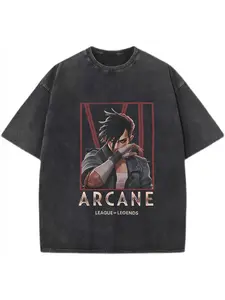Menswear Arcane League of Legends Vi Round Neck Short Sleeve Oversized T-Shirt - Vintage Anime Graphic, Acid Wash Streetwear, Piltover Enforcer Punk Style, Casual Classic Unisex Boyfriend Fashion Merchandise Top