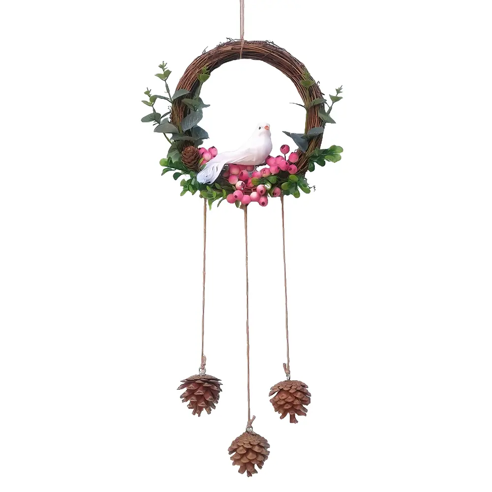 24-Inch Handmade Natural Woody Twig & Pinecone Wind Chime Wreath - Nature Hanging Ornaments, Farmhouse Shabby Chic Decor, Rustic Rattan Bird Front Door/Indoor/Outdoor Wall Window Gift for Mother's Day, Valentine's Day