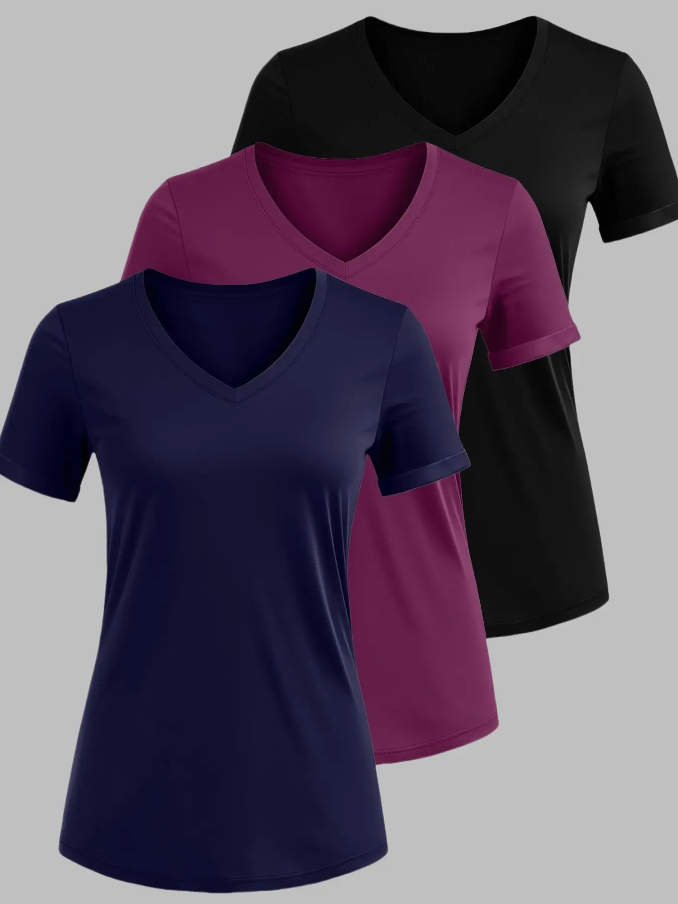 Fashion New Basic Comfortable Summer Casual Women's V Neck Short Sleeve T-Shirt Set, Three Pieces, Plain Surface, Fitted, Unlined, No Zipper, No Button, Casual Basic Top