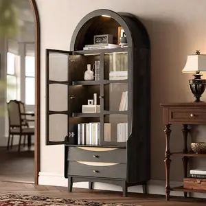 STO'SENSE 74" Tall Arched Bookshelf with LED Lights,4-Tier Modern Farmhouse Arched Bookcase with Glass Doors and Shelves,Wooden Display Cabinet with 2 Drawers for Living Room, Dining Room (Black)