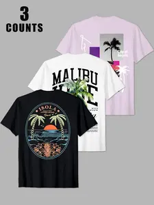 3-Pack Tropical Vacation Graphic T-Shirt Bundle – Black/White/Lilac, Malibu/Isola/City of Angels Prints, West Coast Beach Streetwear Aesthetic, Lightweight Breathable Fabric, Relaxed Fit, Perfect for Summer & Casual Days, Durable High-Quality Print