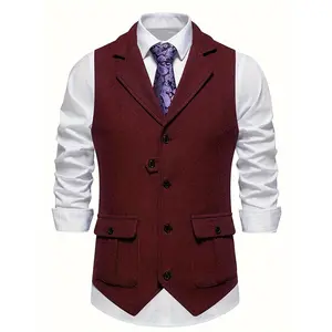 Men's Retro Herringbone Pattern Vest, Chic Lapel Single Breasted Dress Waistcoat For Business Banquet