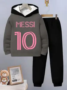 Fashion Digital 10 Number Printed Boys Hoodie Set, Colorblock Casual Sport Two-Piece, Loose Fit Sweatshirt & Long Pants