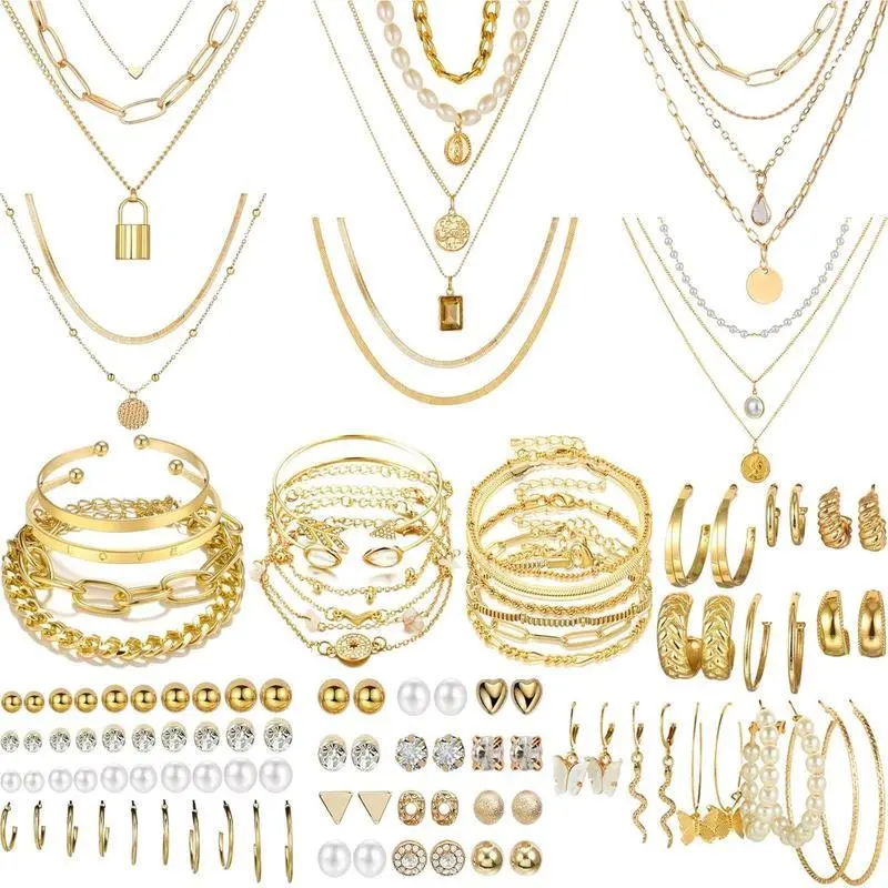 Jewelry Set 69 Pieces Gold Jewelry Set for Women Fashion Costume Jewelry Gold Plated Necklace Bracelet Gold Earrings Set for Women Jewelry Set 69 Pieces Gold Jewelry Set for Women Fashion Costume Jewelry Gold Plated Necklace Bracelet Gold Earrings Set for Women