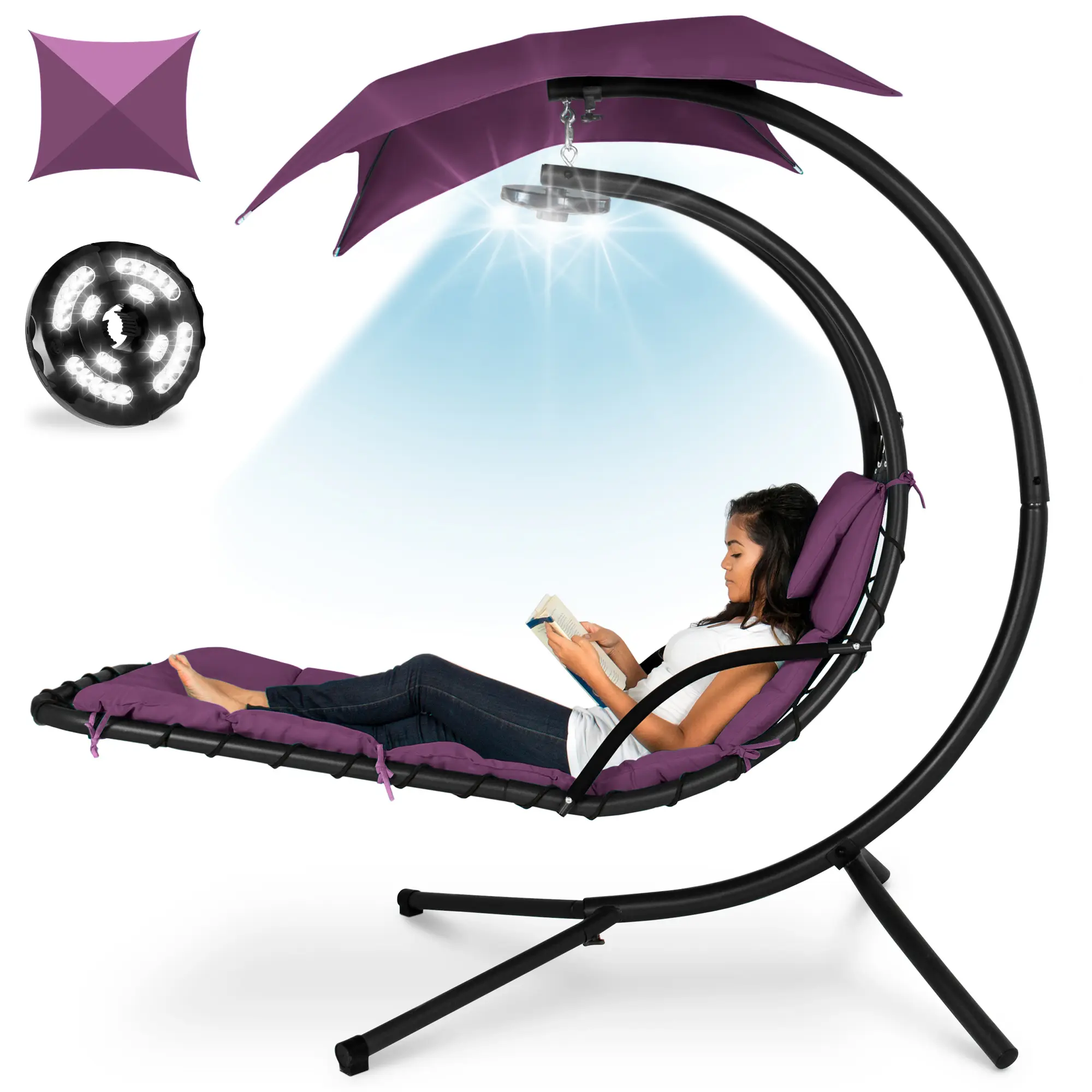 Best Choice Products Hanging LED-Lit Curved Chaise Lounge Chair for Backyard, Patio w/ Pillow, Canopy, Stand Best Choice Products Hanging LED-Lit Curved Chaise Lounge Chair for Backyard, Patio w/ Pillow, Canopy, Stand
