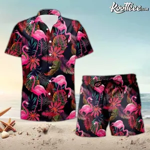 Pink Flamingo Hawaiian Shirt Shorts Set Unisex Dark Tropical Monstera Leaf Floral Aloha Beach Party Summer Vacation Loose Casual Matching Outfit