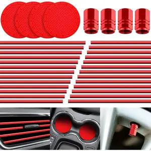 28 Pcs Car Interior Accessories Including 20 Pcs Car Air Conditioner Decoration Strip 4 Non Slip Silicone Car Cup Coaster 4 Car Tire Valve Stem Caps for Most Cars SUVs Trucks(Red)
