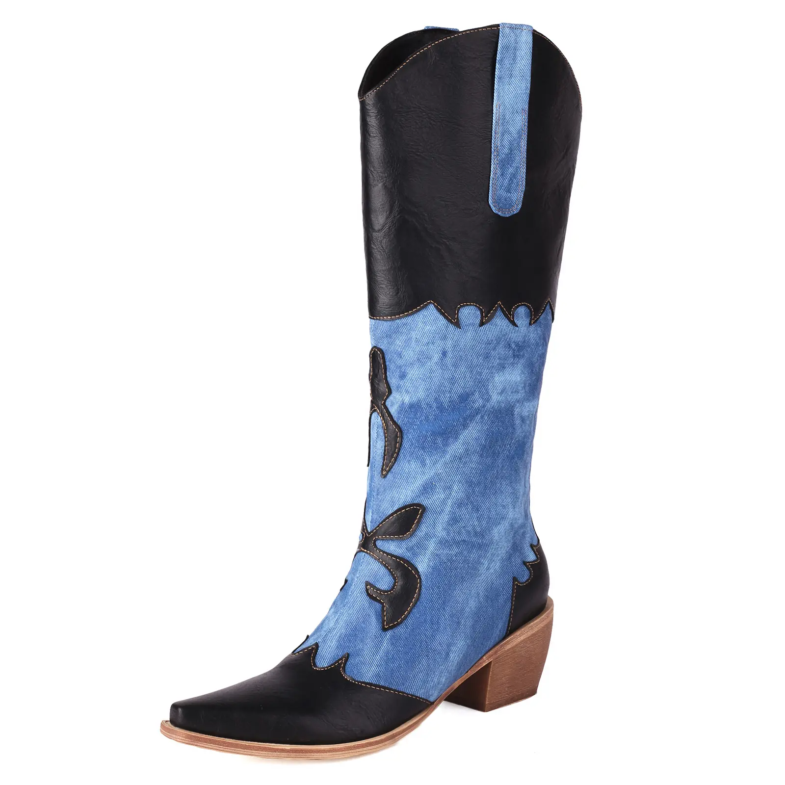 Women Denim Cowboy Boots Patchwork Knee High Boots Jean Blue Cowgirl Boot Western Mid Calf Jeans Shoes Pointed Toe Chunky Heel Pull On