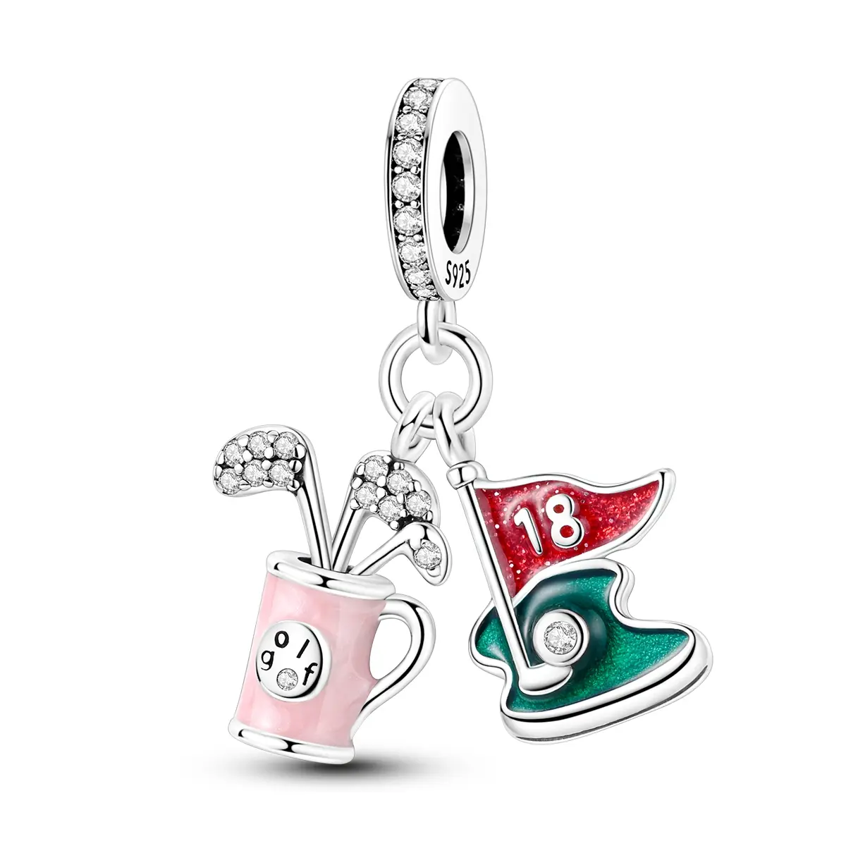 MULA Women's 925 Silver-Plated Golf Charm Pendant - Pink Enamel Golf Bag with Sparkling CZ Stones, Bracelet Compatible, Luxurious Birthday & Anniversary Gift, Birthdays, Girl, Female, Cubic Zirconia