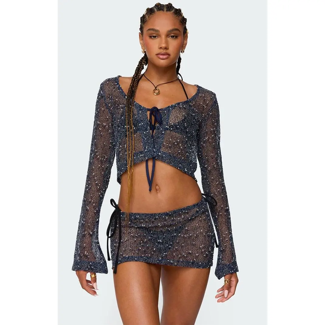 Edikted Women's Idra Crochet Net Tie Front Top