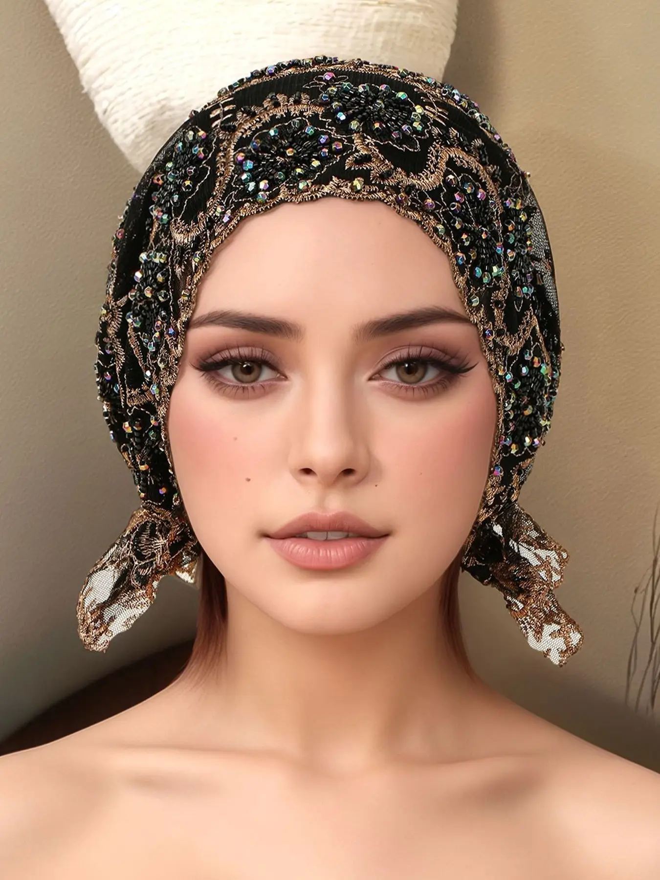 Women's Embroidered Polyester Headscarf Hat, Elastic Breathable Muslim Cap with Rhinestones, Perfect for Chemotherapy Patients