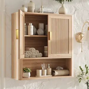 Bathroom Storage Cabinet with Adjustable Shelves, Over The Toilet Organizer for Laundry Room, Kitchen & Living Room, Medicine Cabinet with Wood Doors Natural Oak