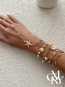 CYL&RY Y2K Summer Ocean Bracelet Set, 5Pcs Gold Stackable Starfish & Shell Charm Bracelets, Perfect for Beach OOTDs, TikTok Fits, Raves and Tropical Streetwear Styling