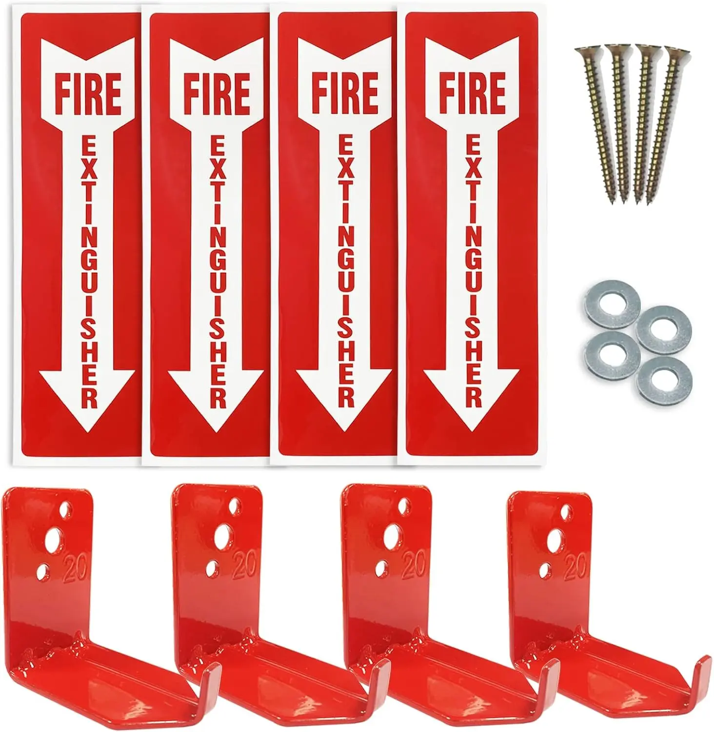 4 Pack Universal Fire Extinguisher Bracket and 4 Fire Extinguisher Safety Sticker Signs,5 to 20lb Fire Extinguisher Mount for Dry Chemical and Water Extinguishers