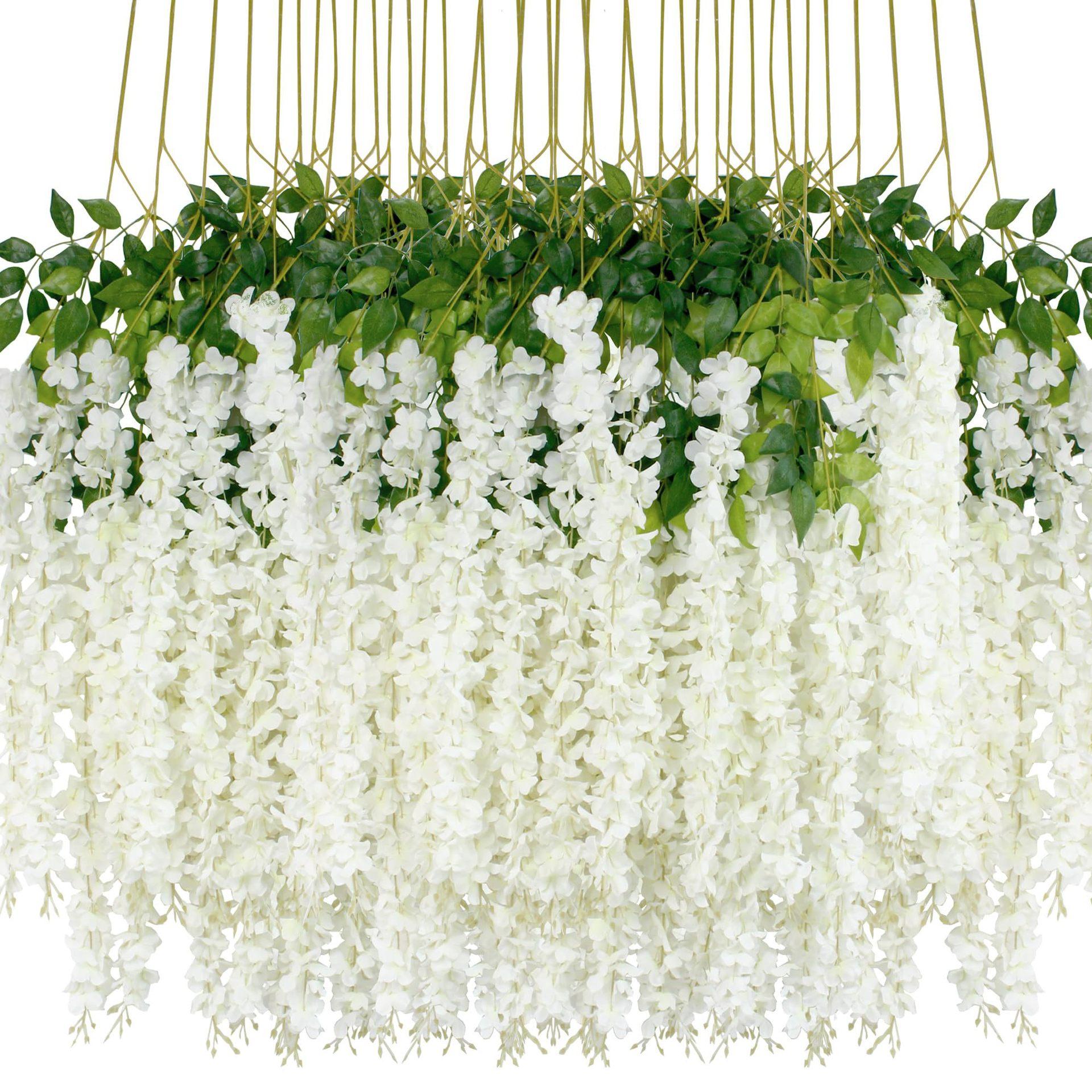 Dense Artificial Fake Wisteria Vine Ratta Hanging Garland 12Pcs 43.3 Inch/Piece Silk Flowers String Artificial Wisteria Flowers for Decorative Home Party Wedding Garden Decorations Artificial Flowers For Outside