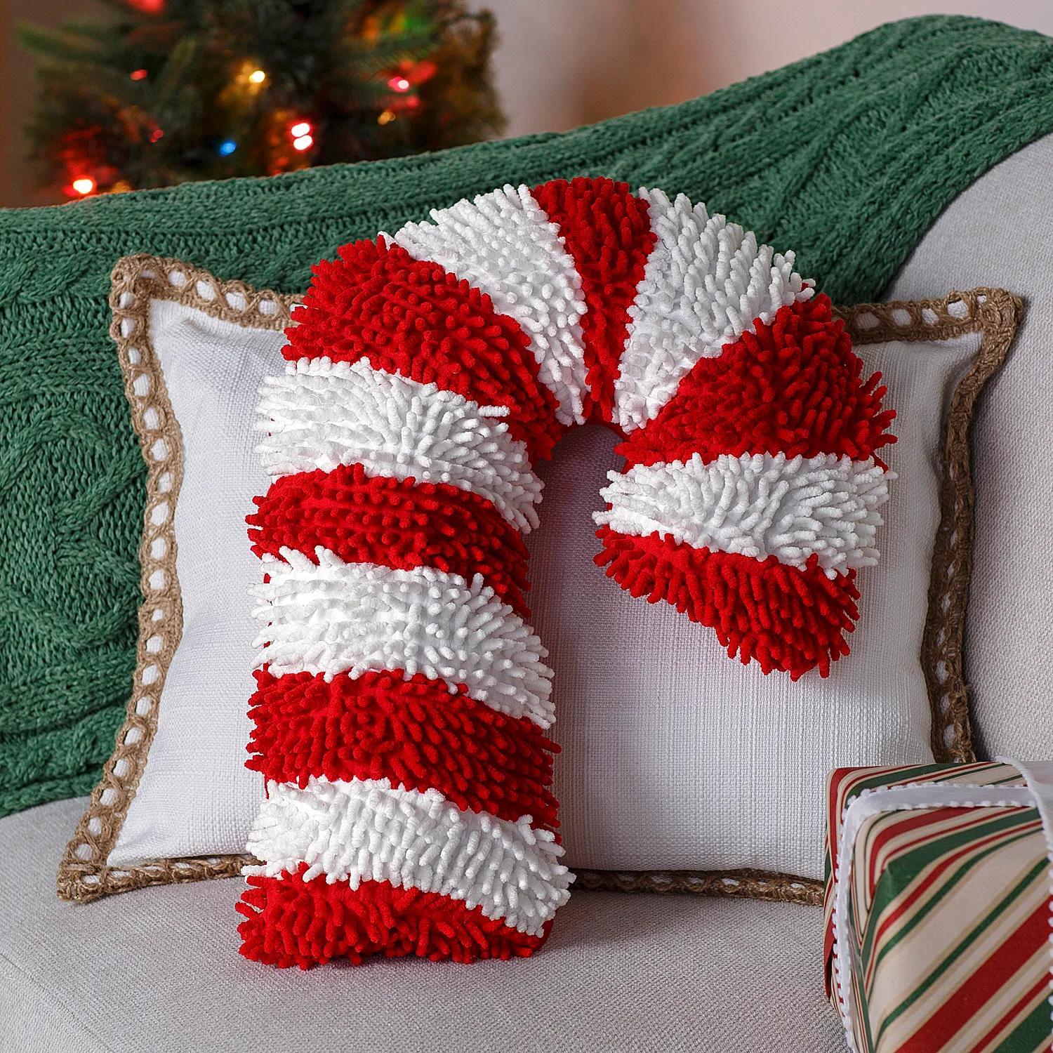 Red & White Striped Candy Cane Chenille Pillow, 9 3/4" x 16"