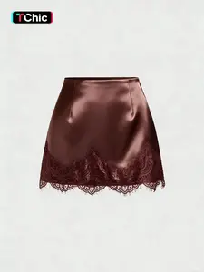 1 Spring Summer High Waist Fitted Satin Mini Skirt Women | Lace Trim Hem | Old Money Coquette Style for Date Night Club Party Wear