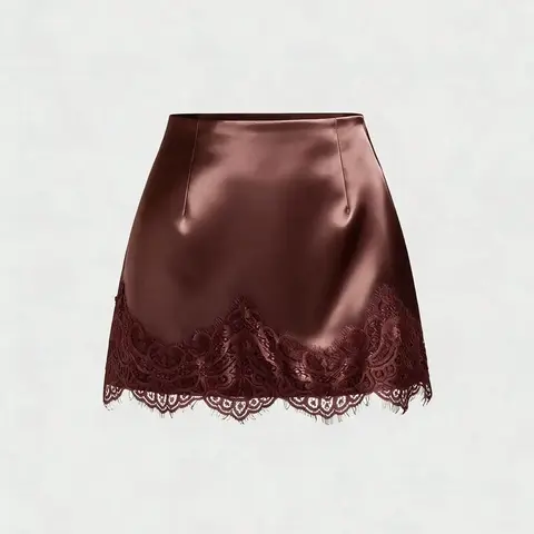 Spring Summer High Waist Fitted Satin Fashion Mini Skirt Women | Lace Trim Hem | Old Money Coquette Style for Date Night Club Party Wear