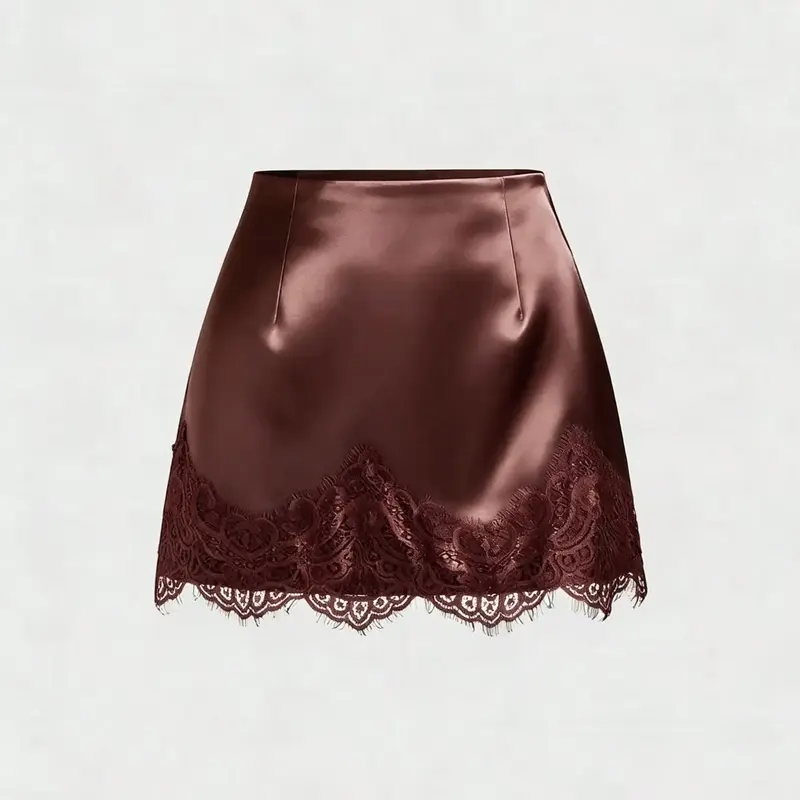 Spring Summer High Waist Fitted Satin Fashion Mini Skirt Women | Lace Trim Hem | Old Money Coquette Style for Date Night Club Party Wear
