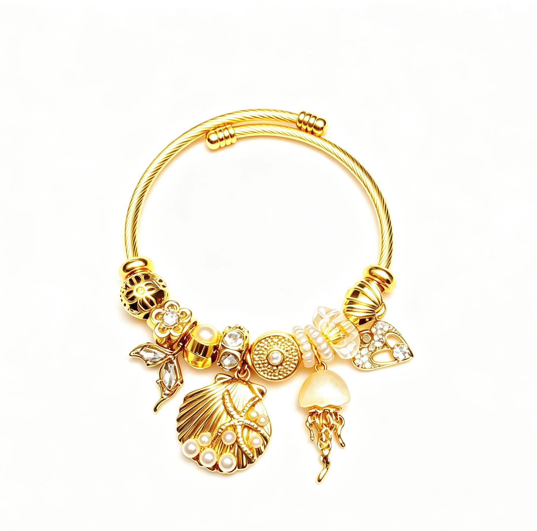 Gold Tone Shell Charm Bracelet for Women, Pearl Seashell Ocean Pendant Bangle, Beach Inspired Crystal Jewelry Gift for Her