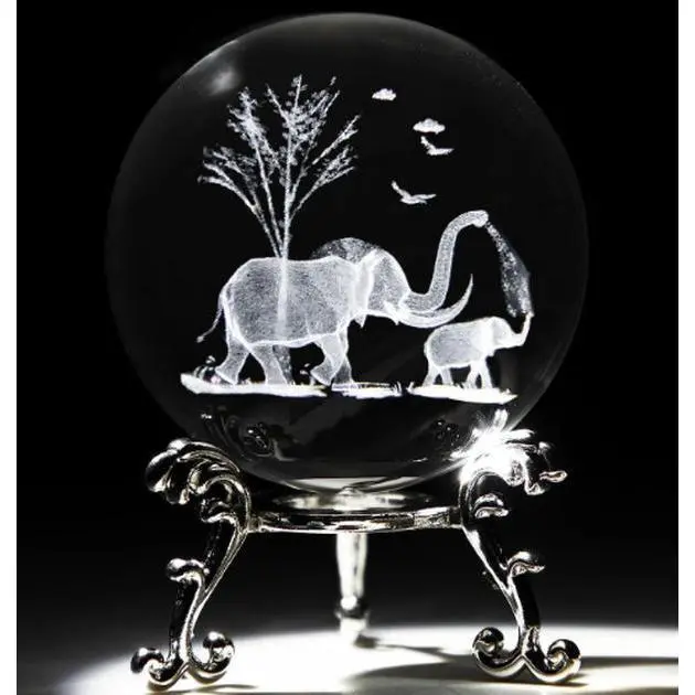 60mm 3D Laser Etched Elephant Crystal Ball Paperweight with Metal Stand - Coconut-Themed Decorative Glass Sphere, Indoor Recreation Ornament, Home Office Desktop Decor, Christmas Gift for Animal Enthusiasts, Handmade, Home Office Decor, Ornaments