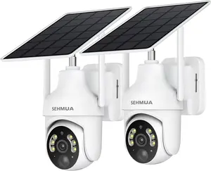 2K Solar Security Cameras Wireless Outdoor, 2 Pack 360° View Pan/Tilt WiFi Security Camera Outside with Color Night Vision,Easy to Install, PIR Alarm, 2-Way Audio
