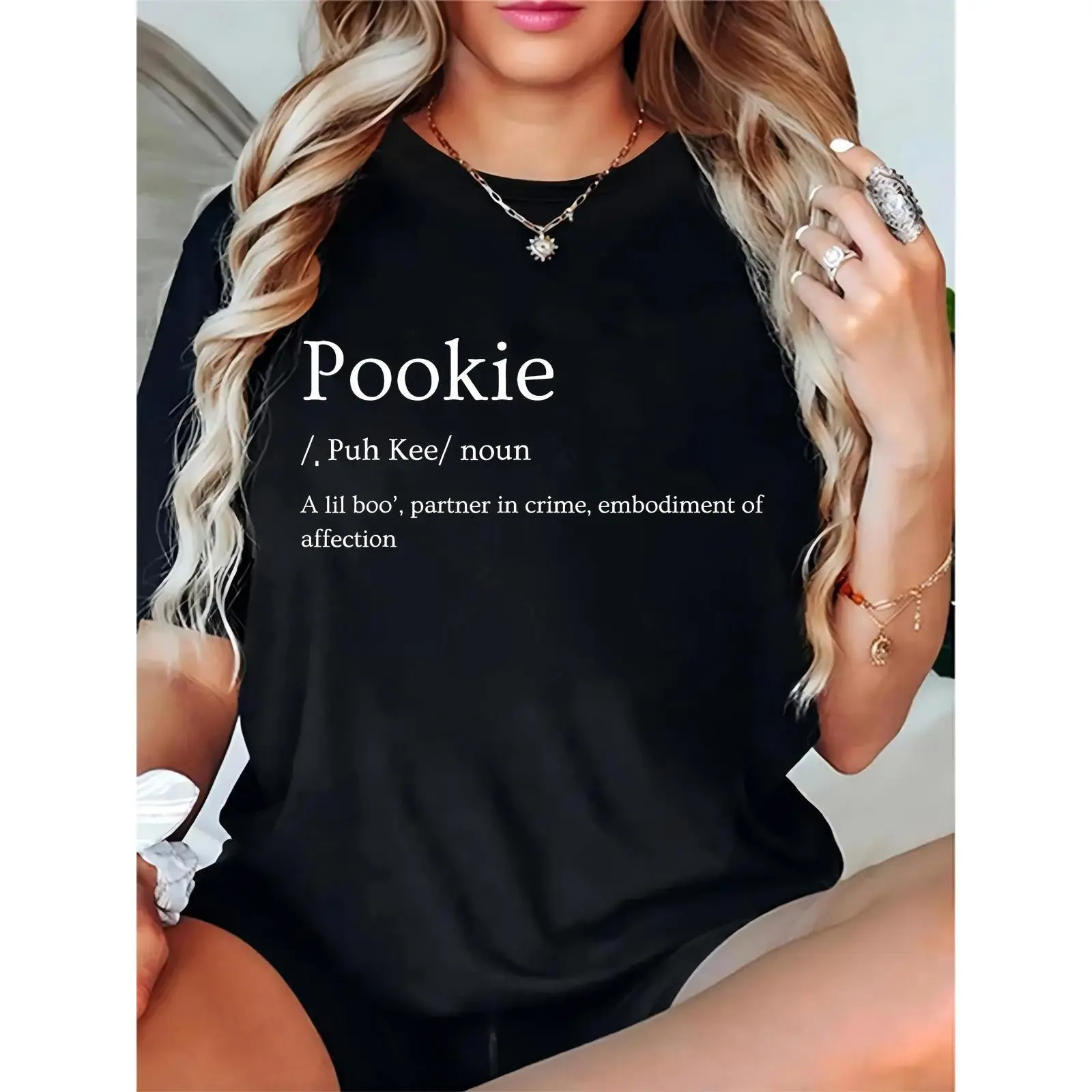 Women's Black Pookie Definition Print T - Shirt, Casual Daily Graphic Tee for Women & Girls, Funny Affection Quote Casual Top for Everyday Wear