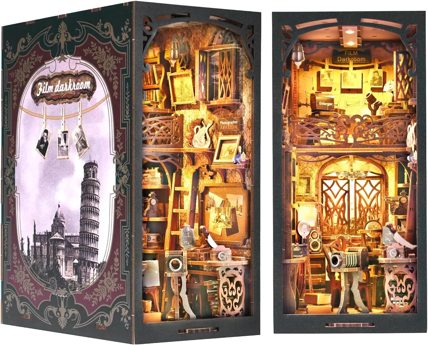 (Movie darkroom)Book Nook Kit, DIY dollhouse Book Nook Bookcase Insert 3D wooden jigsaw bookcase for Book/room decor, mini model rooms, teen and adult gifts with sensor LED lights Book Nook Kit