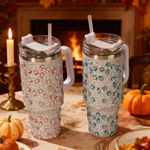 40OZ flash diamond car cup, 304 stainless steel | colorful diamond pattern | plastic handle | removable straw | Qixi Festival homecoming gift | Car fitness must-have | TK explosion