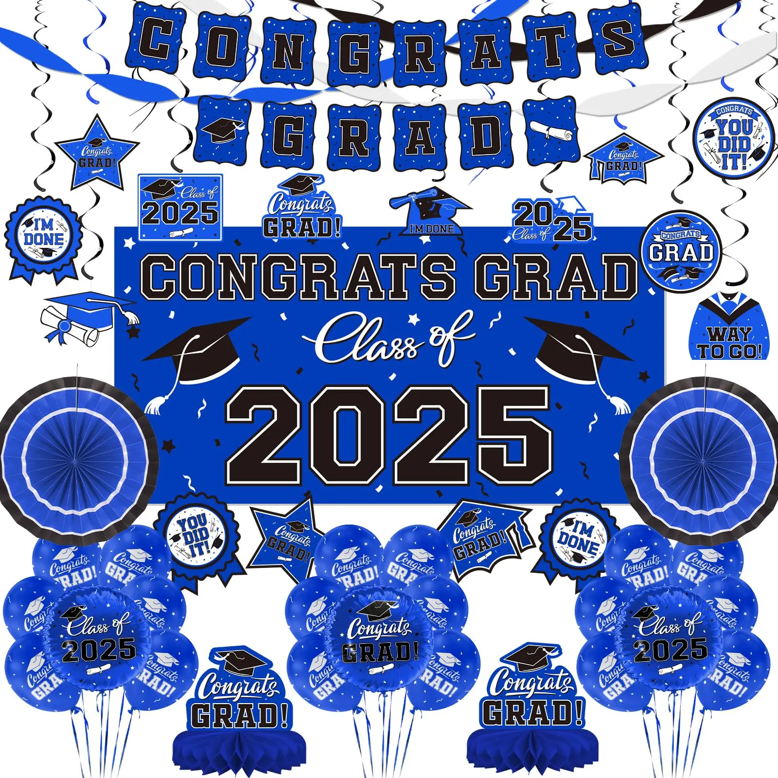 Blue 2025 Graduation Decorations Set - Congrats Grad Banner, Class of 2025 Backdrop, Balloons & Streamers Kit