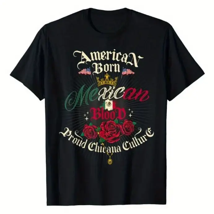 Women's Tshirt Chicana Style for Women American Born Mexican Blood Chingona Round Neck Short Sleeve T-shirt Black for Daily Wear