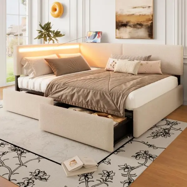 Beige Upholstered Cloud Bed Frame with Headboard, 2 Storage Drawers, LED Light, USB Charging Design, Solid Wood Legs & Slats, No Box Spring Needed
