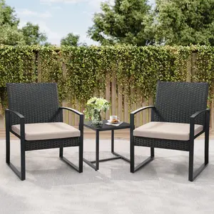 3-Piece Wicker Patio Bistro Set Rattan Conversation Set with Glass Coffee Table Beige Cushions for Balcony Patio Garden Outdoor Spaces summervibes