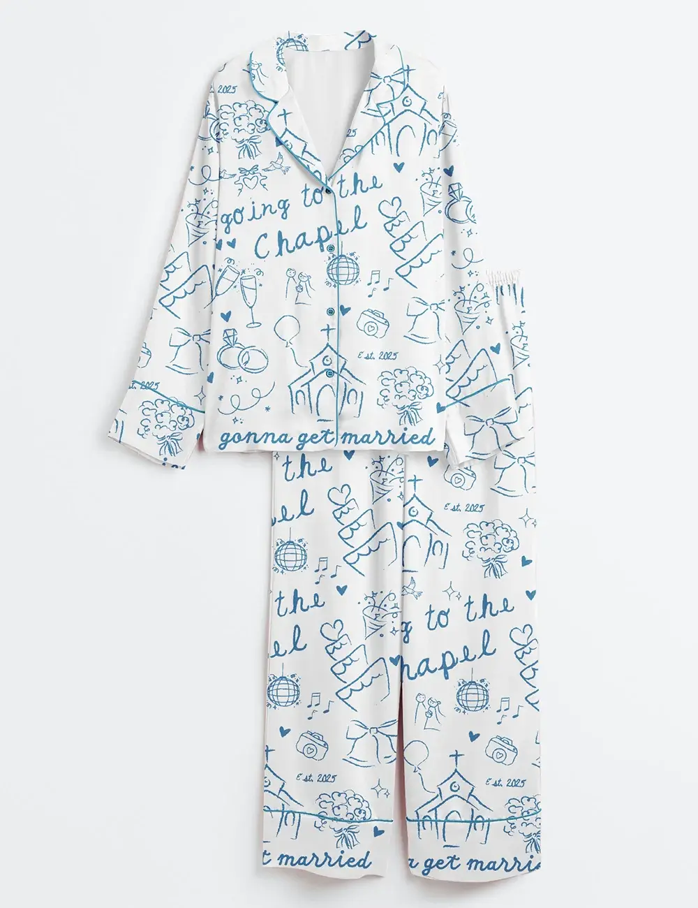 Women’s “Going to the Chapel, Gonna Get Married” Pajama Set – Short Sleeve Silky Bride & Bachelorette PJs, Wedding Art Print Sleepwear