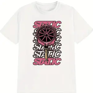 Pink STATIC Wheel Graphic T-Shirt Funny Oversized Cotton Comfort Fit Casual Outfit for Him  Valentine's Day Gift Idea Best Friend Birthday Present Cute Fashion Streetwear Top