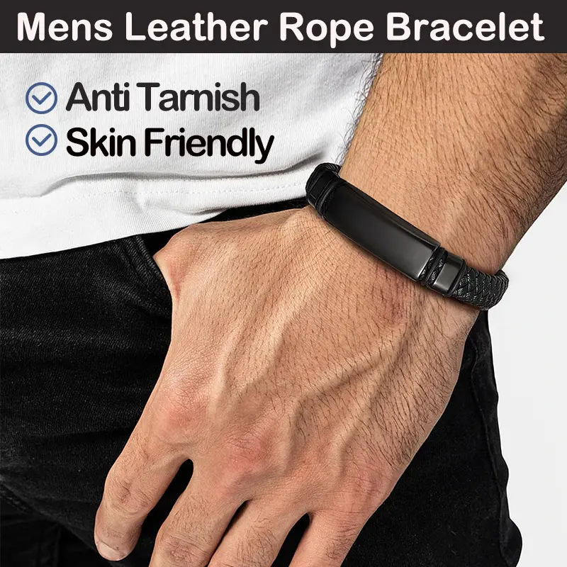 U7  Mens Leather Bracelets With Clasp Braided Rope Bracelet Bar Bangle Bracelet Gift for Him