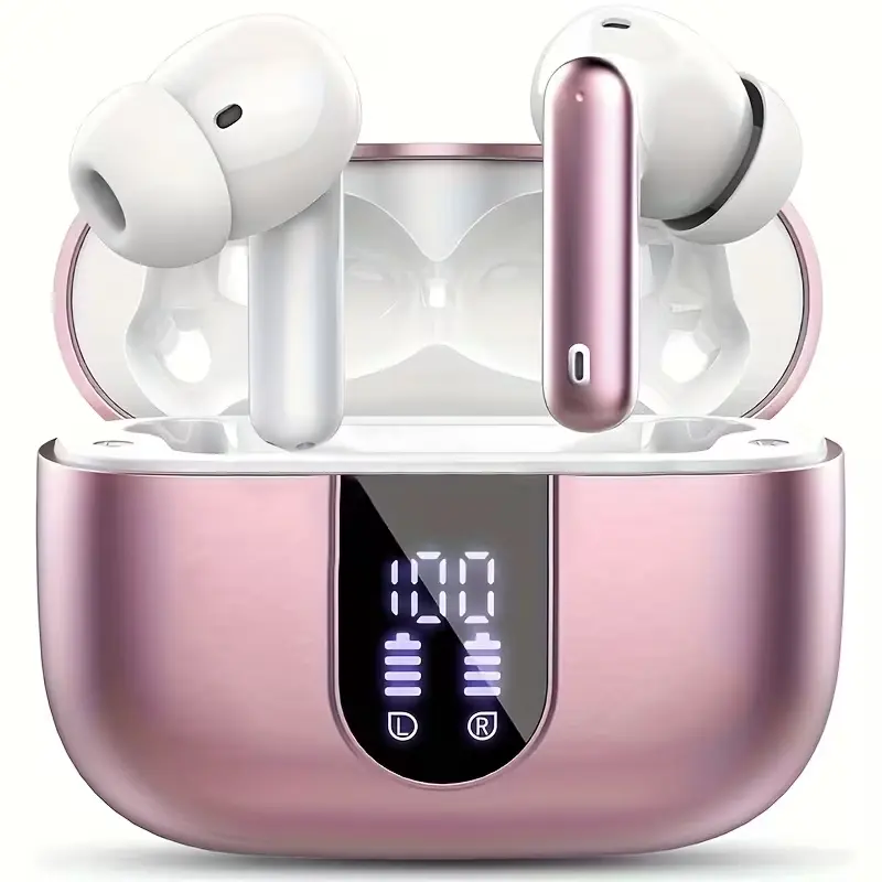 Wireless Earbuds, Bluetooth 5.4 Headphones Bass Stereo/Clear Call,Rose Gold | Ear Buds with Noise Cancelling Mic LED Display in Ear Earphones IP7 Waterproof 40H Bluetooth Earbuds for Phones/Sport/Laptop