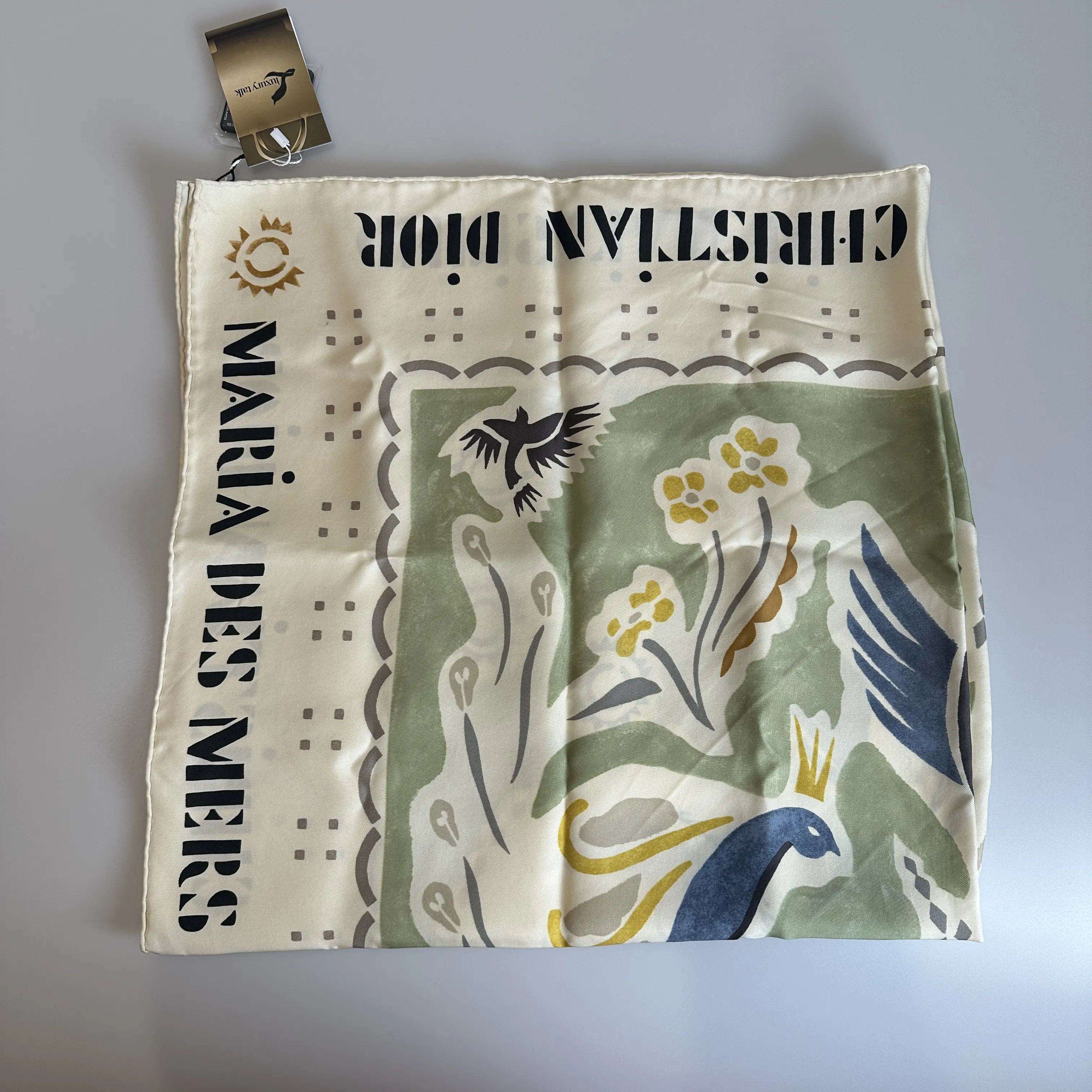 Pre-owned Dior Mitzah Scarf Maria Des Mers Silk Twill Cream & Light Green Print Square Scarf 44139057