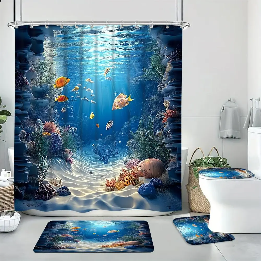 Underwater World Pattern Bathroom Restroom Decorations, 1 Set Ocean Shower Curtain Waterproof & Toilet U-shape Mat & Toilet Lid Cover & Bath Mat, Bathroom Accessories for Home Decor