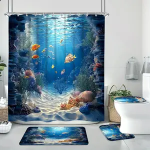 Underwater World Pattern Bathroom Restroom Decorations, 1 Set Ocean Shower Curtain & Toilet U-shape Mat & Toilet Lid Cover & Bath Mat, Bathroom Accessories for Home Decor