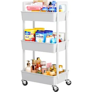 3 Tier Rolling Cart Organizer, Plastic Rolling Cart with Lockable Wheels & Reinforced Handle, Lightweight Utility Cart Storage Cart for Nursery, Kitchen, Bathroom, Craft Room, White, PIUC14W