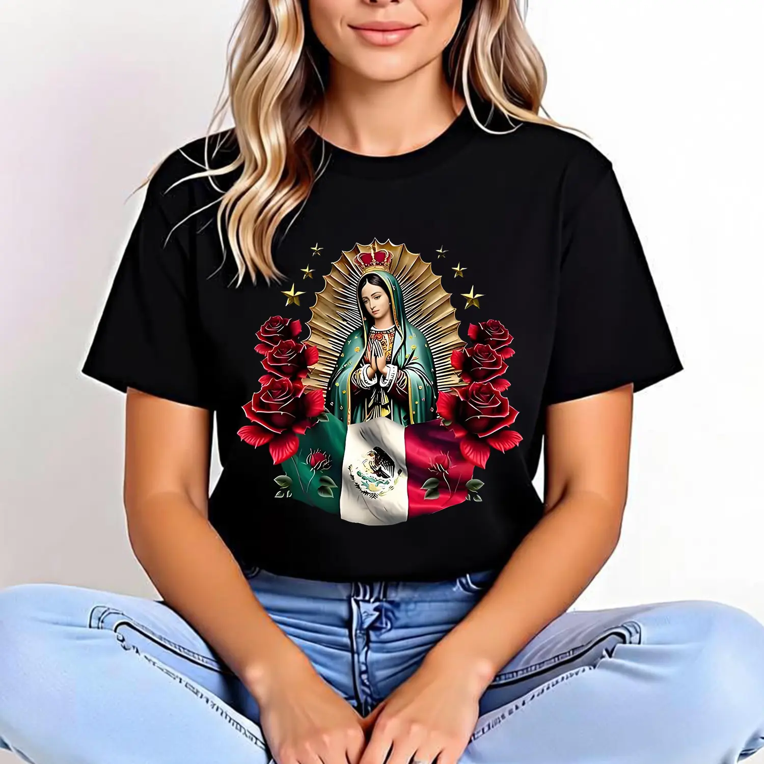 Women's Virgin Mary & Mexican Flag Graphic T-Shirt, Soft 100% Cotton Crew Neck Top, Regular Fit Short-Sleeve Streetwear, Shortsleeve, Tee, Tshirt, Casual, Breathable, Xxl, 3Xl, Everyday, Fabric, Round Neck, Short Sleeves