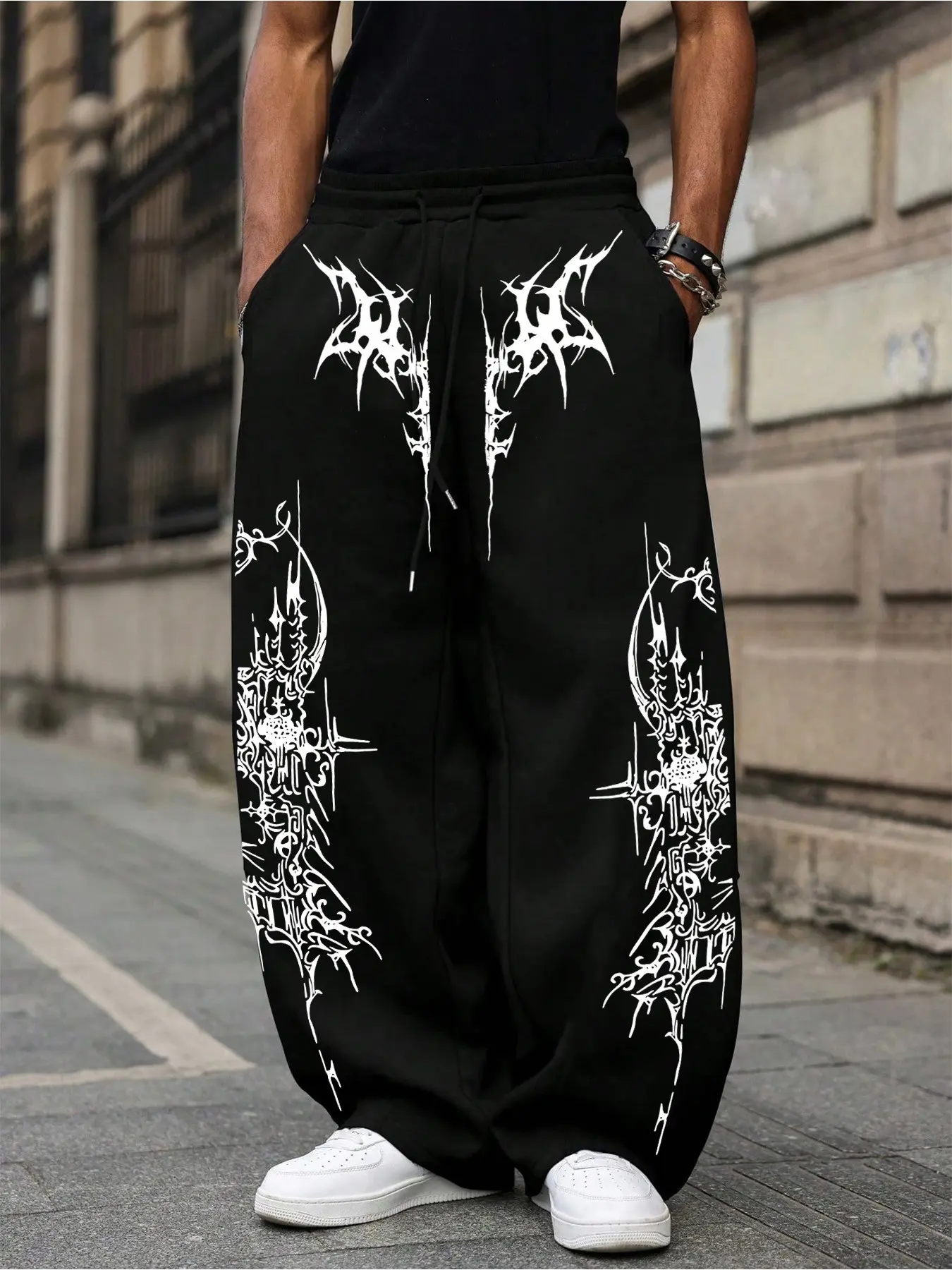 Women's Casual Loose-Fitting Straight Leg Pants with Adjustable Drawstring, Chic Trendy Aesthetic Print for Fall & Winter, Perfect for Daily Wear and Relaxation, Casual Chic Bottoms, Casual Fashion Bottoms