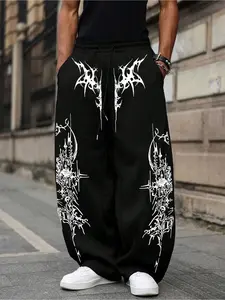 Women's Casual Loose-Fitting Straight Leg Pants with Adjustable Drawstring, Chic Trendy Aesthetic Print for Fall & Winter, Perfect for Daily Wear and Relaxation, Casual Chic Bottoms, Casual Fashion Bottoms