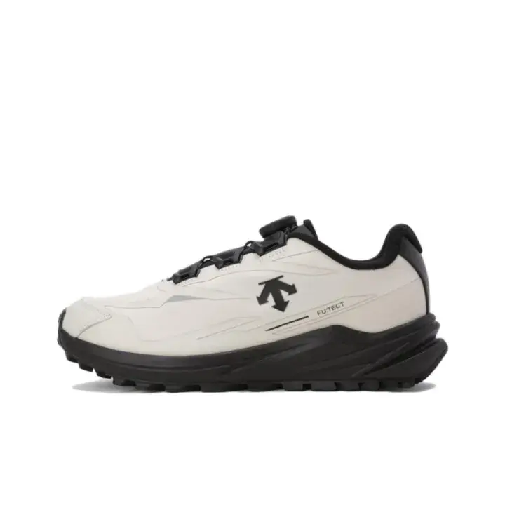Off White Black Low Top Trail Running Shoes Waterproof Smooth Synthetic Upper BOA Quick Twist Dial Lacing System Black Arrow Logo FUTECT Protection Layer Sculpted Thick Black Lug Outsole Unisex Mountain Trekking Cross Country Athletic Sneakers