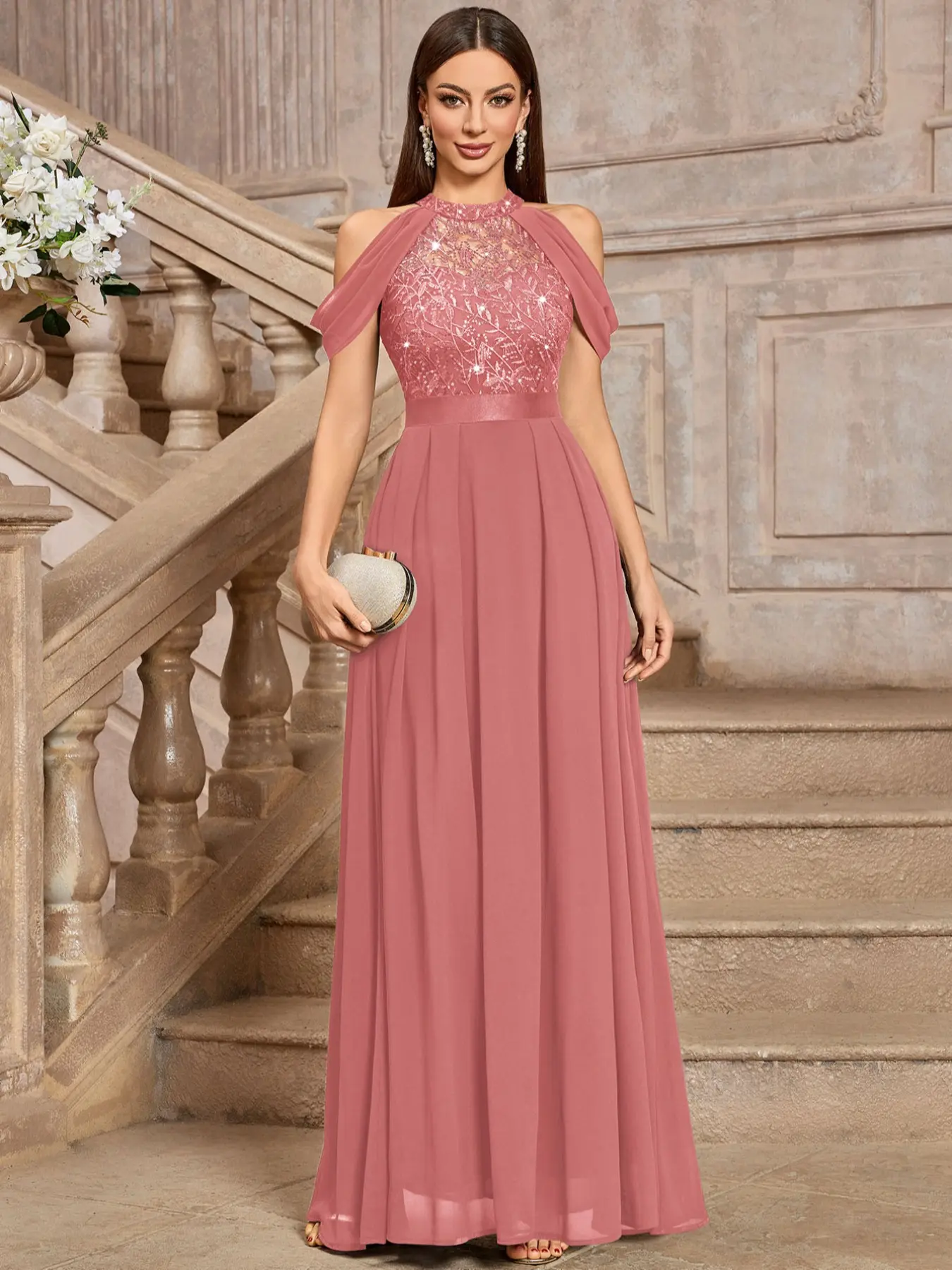 MIUSOL 24413A Mock Neck Halter Cowl Elegant Chiffon Sequin Floral Lace Off Shoulder Sleeveless Formal Evening Party Long Maxi Dress Womenswear
