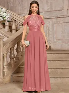 MIUSOL 24413A Mock Neck Elegant Sequin Floral Lace Off Shoulder Evening Party Long Dress