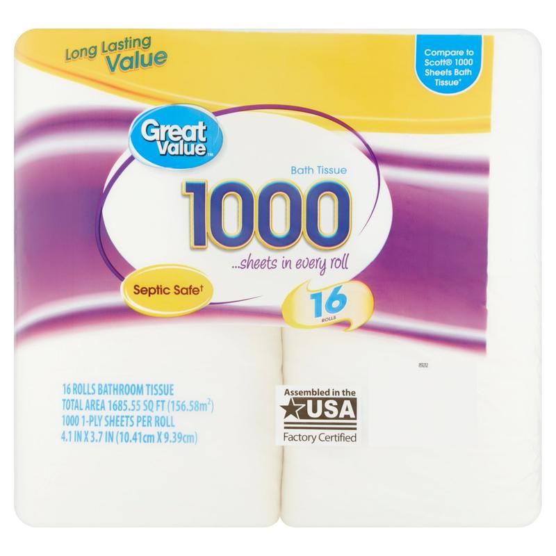 (3 pack) Great Value 1000 Bath Tissue Rolls, 16 Rolls