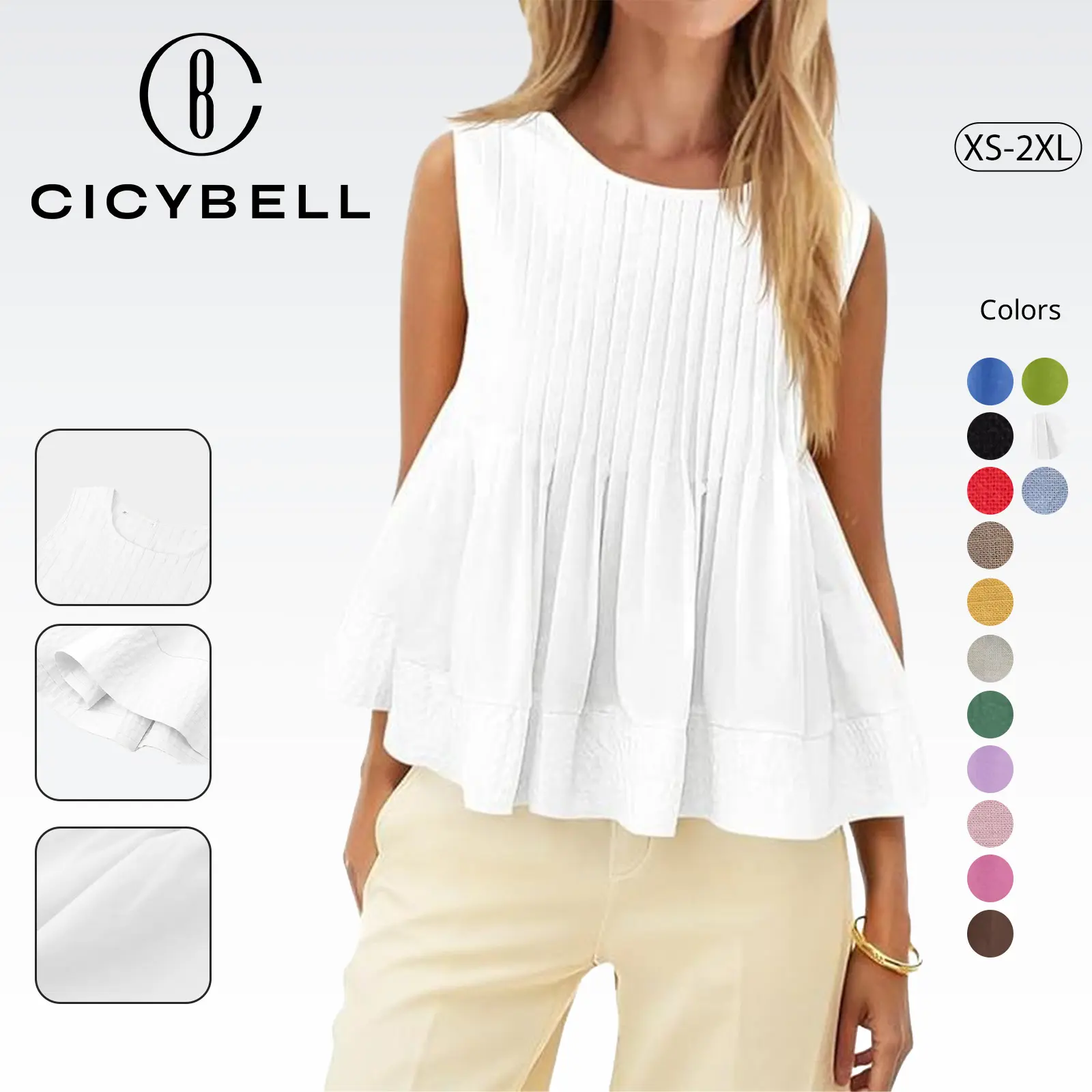 Cicy Bell Womens Pleated Babydoll Tank Tops Summer Peplum Sleeveless Cotton Blouses Loose Fit Flowy Shirts Casual Basic Crewneck Womenswear