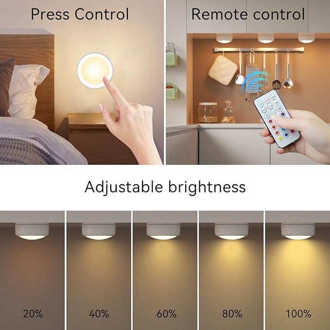 LED Puck Lights with Remote, 6 Pack Color Changing RGBW Stick-On Light, Battery Powered, Dimmable Under Cabinet Lighting with Timer & Memory, Wireless Push Lights for Kitchen & Closet